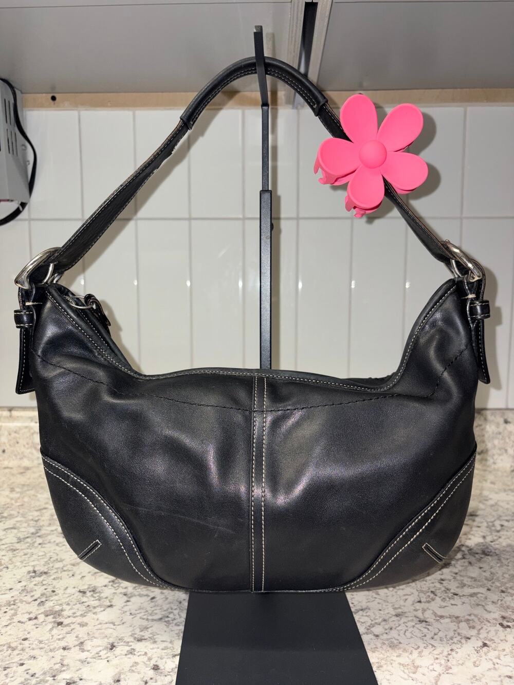 Y2K Coach Black Leather Small Hobo Bag Contrast Stitch Silver Hardware